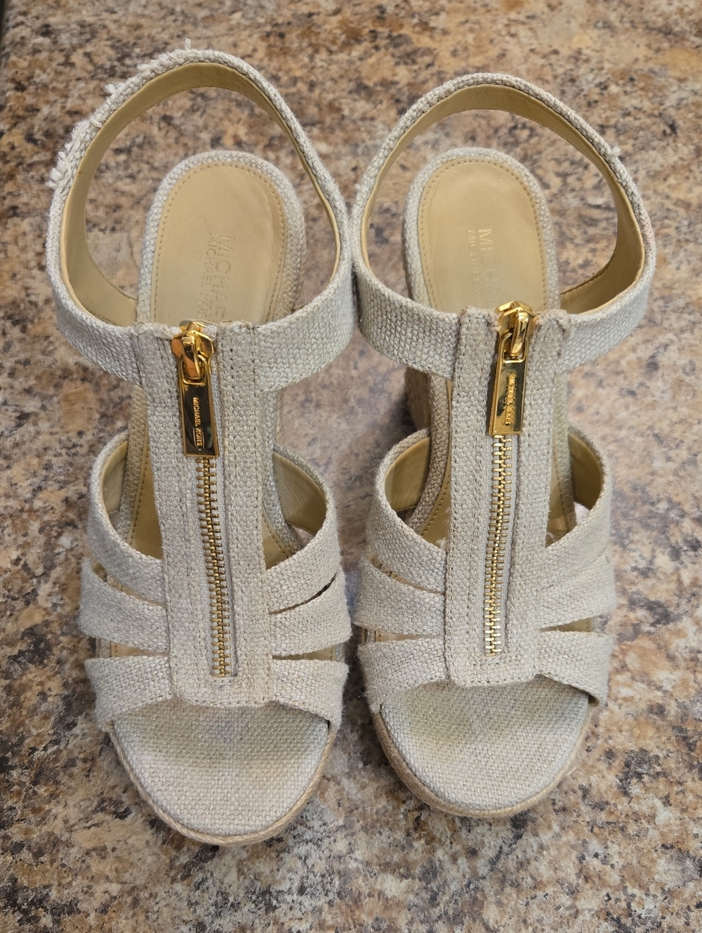 Michael Kors Natural Linen Front-Zip Wedge Sandals with Gold Hardware